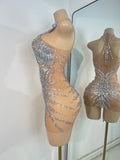 Women's Sparkly Birthday Mini Dress Crystals Diamonds Mesh Evening Party Gowns Performance Costume Stage Outfit Club Vestidos