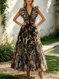 Bohemian Deep V Neck Ruffle Sleeve Maxi Dress Women Leopard Tropical Animal Floral Print Smocked Waist for Vacation Daily