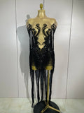 Sexy Black Rhinestones Sequins Tassel With Cape Mesh Transparent Dress Women Evening Birthday Party Nightclub Dance Stage Outfit