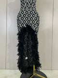 Luxury Sparkly Diamonds Feathers Black Halter Asymmetry Long Dress Women Sexy Sleeveless Backless Evening Party Birthday Dresses