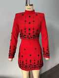 Two Piece Sets for Women Stand Collar Long Sleeve Spliced Diamonds Top High Wiast Mini Skirt Elegant Outfit Female