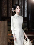 White Embroidery Thickened Chinese Style Long Sleeved Cheongsam Women's Retro Slim Fit Autumn and Winter Qipao Dress