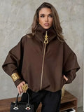 Women Stand Collar Zip Up Jacket Loose Long Sleeve Casual Warm Wool Blend Outerwear Fashion Coat Autumn