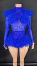 Women's Casual Summer Bodysuit Transparent Rhinestones Sexy Tight Mesh Ruffles Performance Dancer/Singer Costume for Nightclub