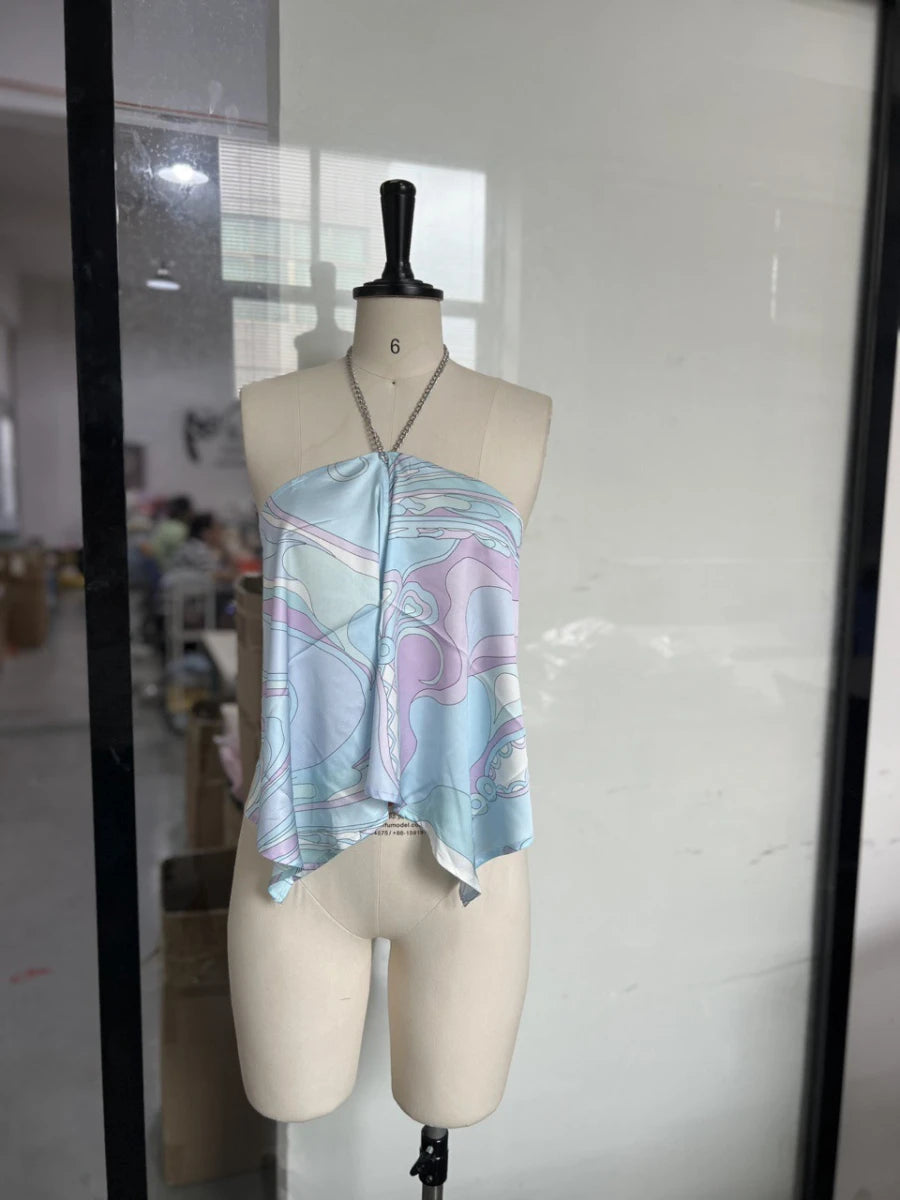 Fashion Printed Vest for Women Spliced Metal Chain Halter Sleeveless Backless Casual Summer Style Tank Tops Female