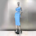 Flower Beads Glam Hollow Waist Slanted Shoulder Blue Dress Fashion Elegant Party Bandage Stage Performance Dress Vestido De Gala