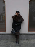Elegant Fur Shawl Skirt Women's Suit Fashionable Solid Loose Shawl Fitted Fur-Lined Midi Skirt Set Autumn Winter Female