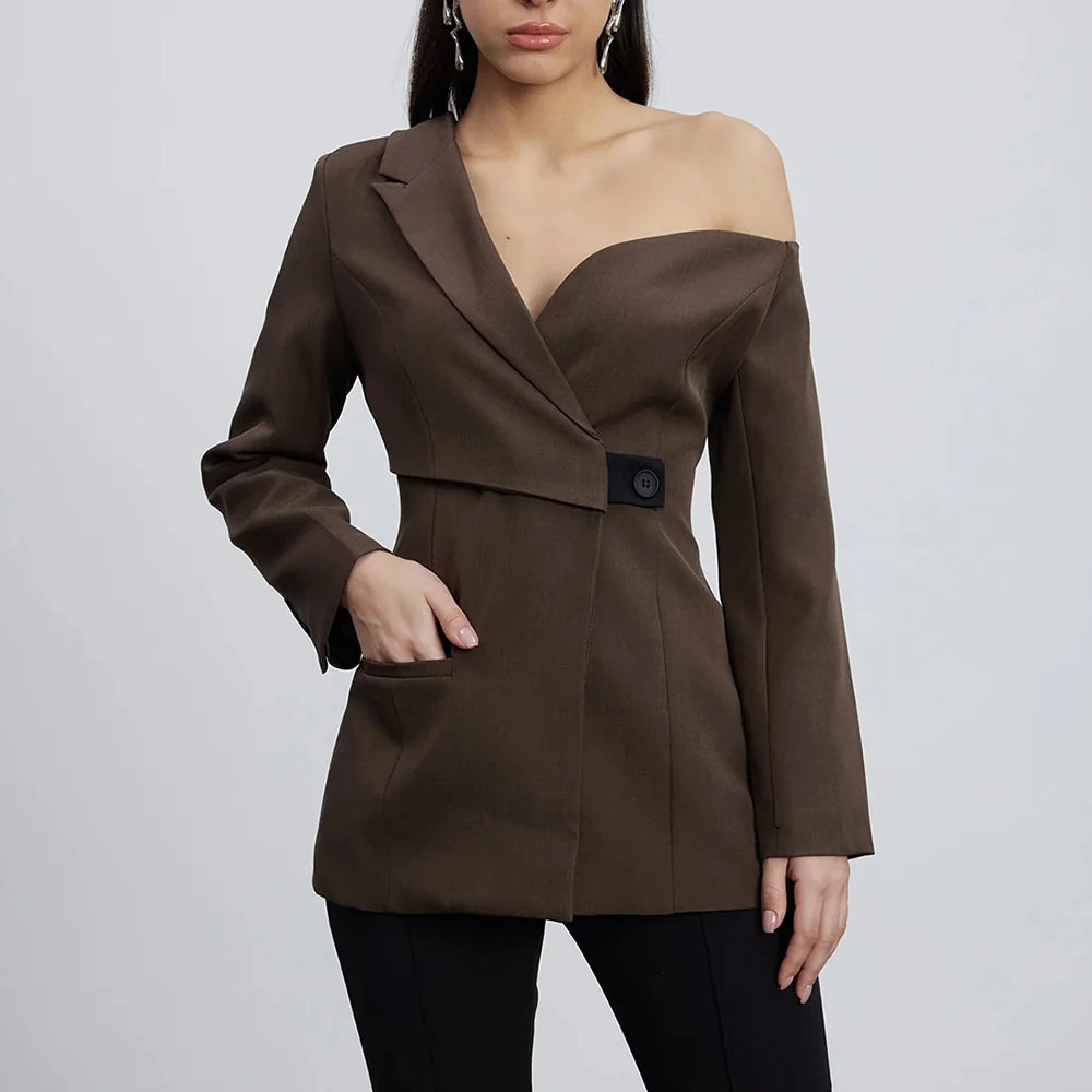 Casual Street Style Asymmetrical Designer Blazer for Women Off One Shoulder Single Button Accent for Fashion Brand Events