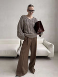 Women's Cable Knit Sweater V Neck Long Sleeve Oversized Loose Chunky Twist Pullover Tops Casual Autumn Retro Commute Top