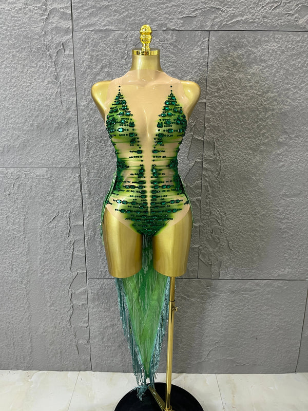 Luxurious Green Rhinestone Sheer Bodysuit Tassel Tail Ideal for Clubbing Festivals and Special Occasions Stage Performance