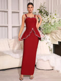 Solid Diamond Wave Cutting Design Sling Dress Sexy Sleeveless Waist Cinching Slim Women Dresses Evening Party Gown