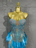 Strapless Rhinestone Evening Gown 3D Leaf Feather Appliques Sheer Mesh LongDress Prom Birthday Party Performance Formal Costume