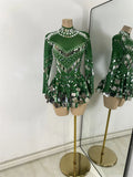 Luxury Sequins Long Sleeve Mini Dress Women Sexy Spandex Performance Dance Costume Party Celebrate Night Club Stage Outfit