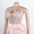 Sexy Rhinestone Bodycon Ruched Puff Suspenders Dresses Women Sheer Mesh Birthday Party Night Clubwear Summer Dresses Robes