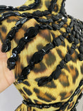 Women One Shoulder Latin Dance Outfits Sexy Leopard Print Sparkly Diamond Tassel See-Through Dress Nightclub Party Stage Costume