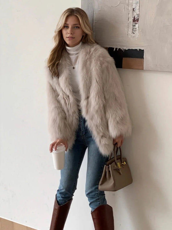 Beige Fluffy Faux Fur Jacket Women Long Sleeve Open Front Warm Cozy Coat Fall Winter Party Daily Streetwear Trendy Outerwear New