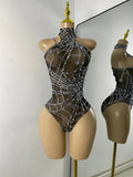 Women Sexy Sparkly Rhinestone Halter Mesh See Through Bodysuit Nightclub Performance Dance Costume Singer Stage Wear