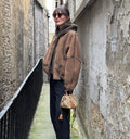 Women's Brown patchwork Hooded Jacket With Faux Fur Lining Fashion Horn Button Bomber Coat Lady Winter Casual Outerwear