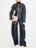 Vintage Two Piece Sets for Women Lapel Long Sleeve Top High Waist Patchwork Metal Buckle Fashion Trousers Set Female Style