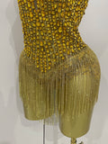 Luxury Golden Rhinestone Sexy Mesh Stretch Bodysuits Women Birthday Dancer Performance Stage Wear Nightclub Team Hotwife Outfit