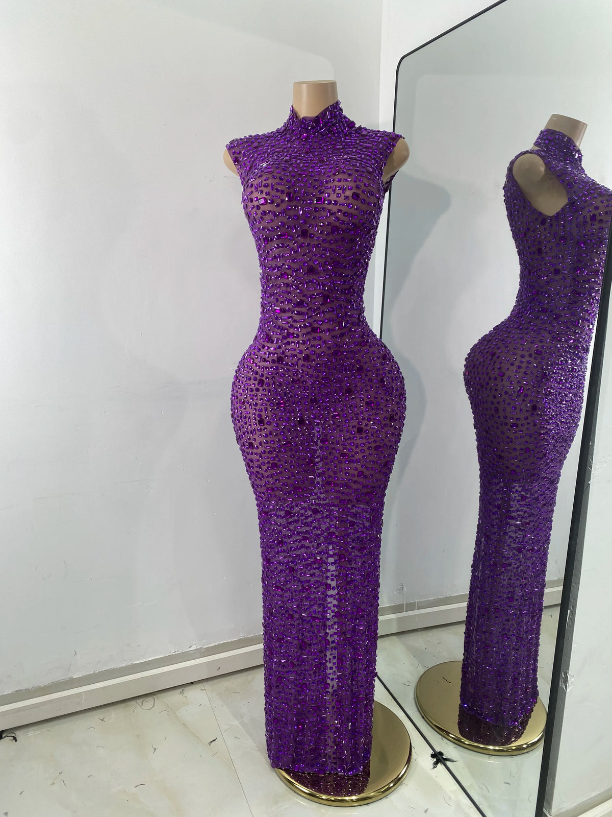 Luxury Purple Rhinestones Long Party Dress Celebrity Women Sexy Sleeveless Mesh See Through Prom Gown Club Birthday Dresses