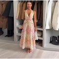 Sexy V-neck Halter Backless Printed Long Dress Women Sleeveless Lace Up High Waist Slim A-line Maxi Dress Lady Chic Casual Dress
