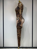 Women 2026 Stretch Leopard Print Sexy Bodycon Jumpsuit Bar Nightclub Singer Dancer Luxury Diamond Stage Performance Outfit