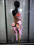 3D Florals Women Sexy Strapless Mesh High Stretch Kaced-up Bodycon Midi Dress Bar Singer TV Performance Costumes Stage Wear