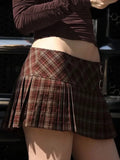Edgy Street Style Plaid Mini Skirts for Women Low Waist Metal Ring Accent Pleated Hem for Vintage Music Festival