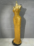 Sparkly Vertical Rhinestone Strapless Mesh Maxi Dress Bodycon Mermaid Long Gown Suitable Formal Birthday Pageant NightclubStage