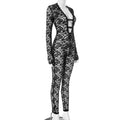 Sexy Jacquard Jumpsuit Women Sexy Mesh Patchwork Low-Neck Hollow Full Sleeve Skinny Midnight Party Clubwear Overalls