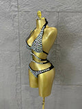 Gold Luxurious Black Bodysuit Women Sexy Halter Neck Iridescent Crystal Embellished Cutout Outfit Stage Performance Costume