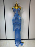 Women Luxury Prom Gowns Sparkly Rhinestones Tassel Mesh Maxi Long Luxury Birthday Celebrity Sexy Evening Club Party Dresses