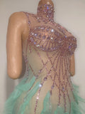 Sexy Sleeveless Mesh Ruffled See Through Long Dress Sparkly Rhinestone Eveing Birthday Party Nightclub Bar Singer Stage Costume