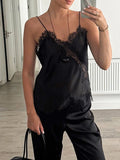 See Througth Lace Edge Tank Tops for Women V Neck Sleeveless Pathwork Hollow Out Sexy Fashionable Vest Female New