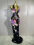 Sexy Halter Mesh See Through Long Dress Women Sparkly Diamonds 3D Flower Evening Party Birthday Photoshoot Nightclub Stage Wear