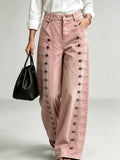 Women Denim Jeans High Waist Metal Button Decor Wide Leg Floor Length Streetwear Casual Trousers Autumn
