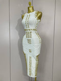 Women Celebrate Evening Prom Birthday Party Dress Vestido Elegance White Metal Buckle O Neck Sleeveless Bodycon Bandage Dress