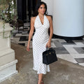 Polka Dot Hanging Neck Long Dress Women Elegant Strapless Sexy Lace-up Sleeveless Backless Fashion Club Party Dresses