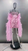 Women's Stylish Shawl Super Shiny Rhinestone Sequin Embroidered Pink Tube Top Dress Luxury Haute Couture Fashion Hot Party Gown