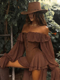 Ruffles Edge Elegant Bodysuits Dress Woman Mesh Patchwork Slash Neck Flared Sleeve Birthday Party Style Mini Bodycon
