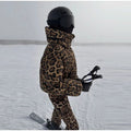 Fashion Leopard Print Ski Suit Women Stand Collar Hooded Zipper Coat Chic Slim Pants 2026 Winter Warm Casual Sport Windproof Set