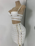 White Two Pieces Dress Set Women Sexy Square Collar Sleeveless Design Crop Top Short Skirt Suit Nightclub Birthday Clothing