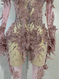 Luxury Embroidery Sexy Long Sleeves Mesh Stretch Jumpsuit Sparkly Diamond Evening Birthday Party Bar Nightclub Stage Show Wear