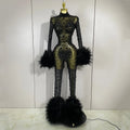 Luxury Diamond Black Mesh Transparent Stretchy Long Sleeve Jumpsuit Women Sexy Performance Singer Costume Nightclub Outfit