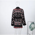Women's Shawl Collar Fringe Knitted Cardigan Self Fabric Belt Waist Ethnic Print Loose Long Sleeve Mid Length Coat Autumn Casual