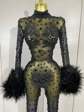 Luxury Diamond Black Mesh Transparent Stretchy Long Sleeve Jumpsuit Women Sexy Performance Singer Costume Nightclub Outfit