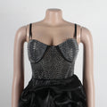 Sexy Rhinestone Bodycon Ruched Puff Suspenders Dresses Women Sheer Mesh Birthday Party Night Clubwear Summer Dresses Robes