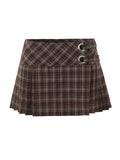 Edgy Street Style Plaid Mini Skirts for Women Low Waist Metal Ring Accent Pleated Hem for Vintage Music Festival