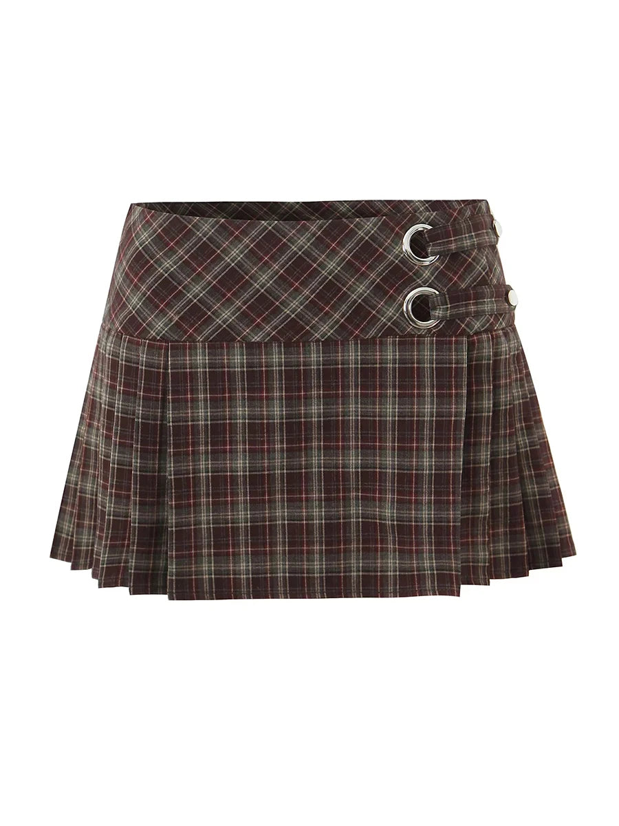 Edgy Street Style Plaid Mini Skirts for Women Low Waist Metal Ring Accent Pleated Hem for Vintage Music Festival